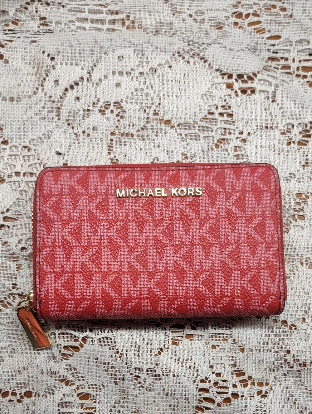 Michael Kors Red Signature Zip Wallet with Gold Hardware